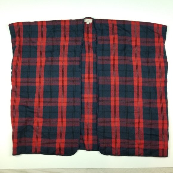 LOFT Blanket Flannel Shawl Wrap Poncho One Size Red & Blue Oversized Scarf NWOT - Picture 3 of 7